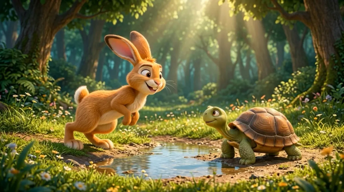 The hare and the tortoise in a sunlit forest